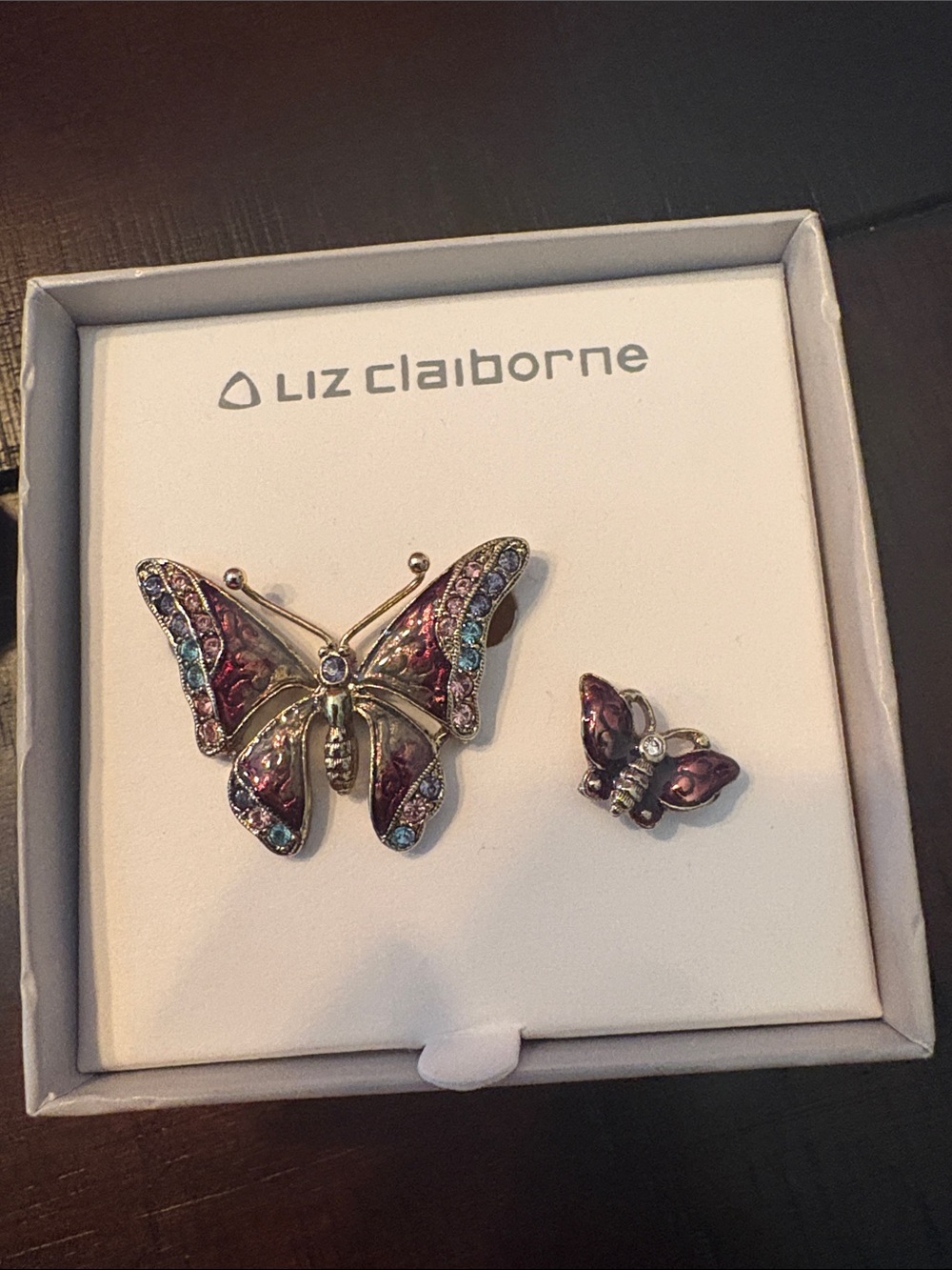 Liz Claiborne Gold-Tone Butterfly Brooch and Mini Pin - Purple & Teal Accents